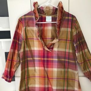 Silk Devon Baer plaid ruffle tunic top size L